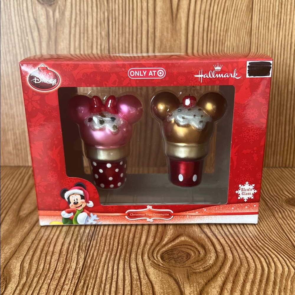 NIB Hallmark Disney Target Exclusive Mickey And Minnie Ice Cream Cone Ornaments